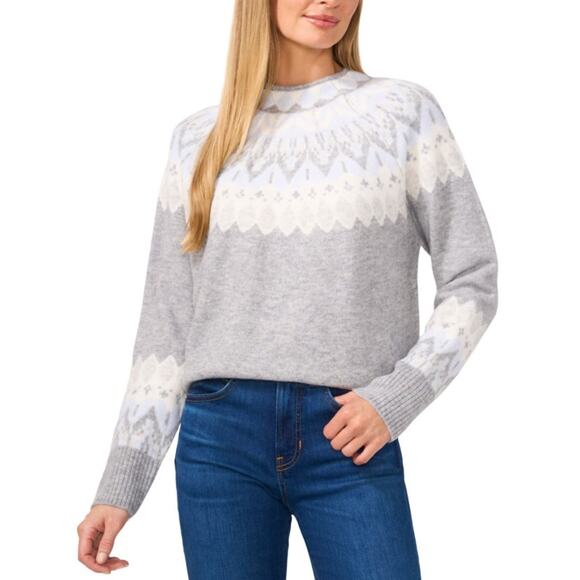 CeCe Women's Fair Isle Long Sleeve Mock Neck Sweater Light Heather Grey SIze M - Picture 1 of 3